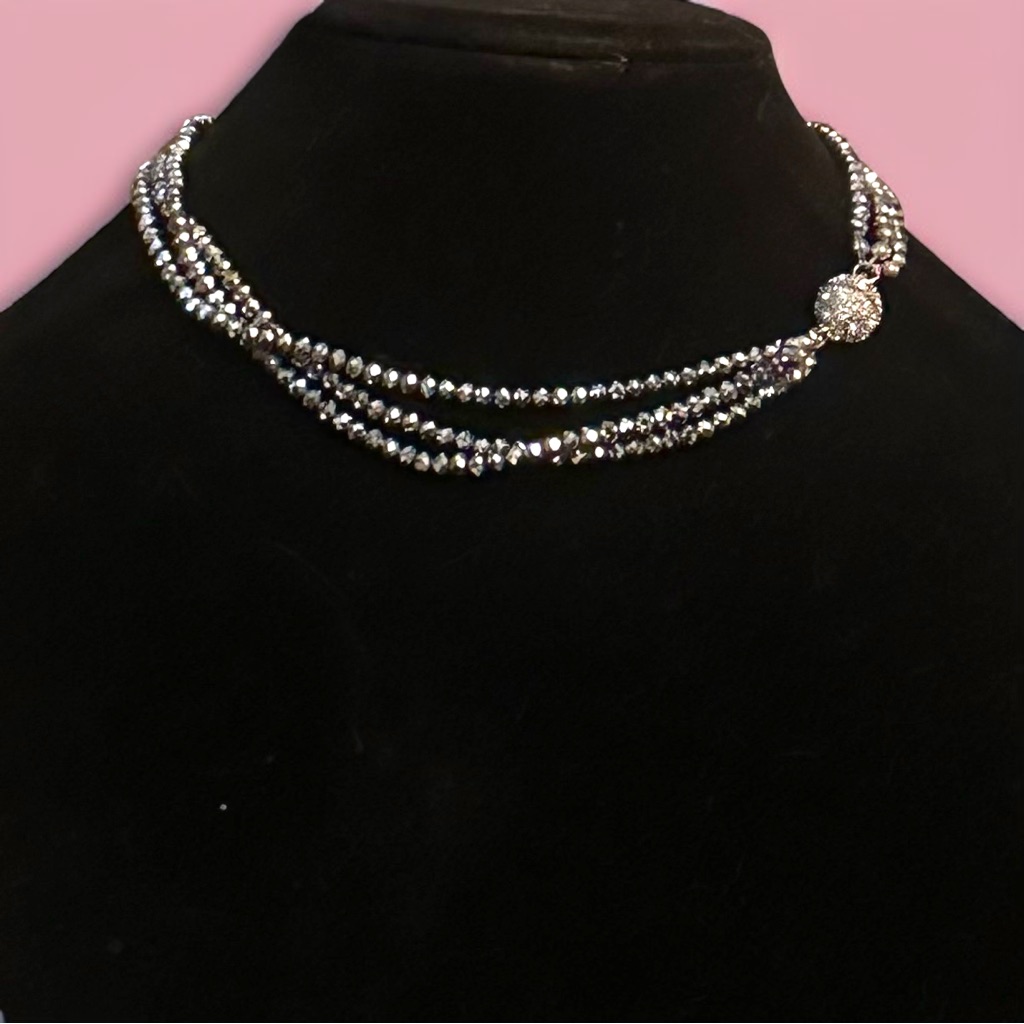 Vintage Triple Strand Metallic Silver Faceted Glass Bead Necklace